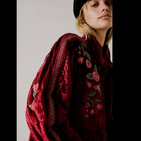 Free People x Anna Sui Rose Garden Velvet Embroidery Dolman Quilted Jacket New M - Picture 14 of 15